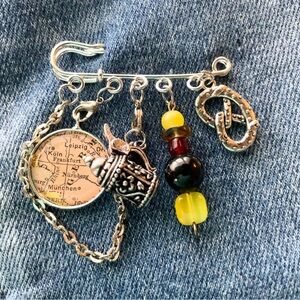 Silver-tone Map & Bead Dangle Safety Pin Brooch